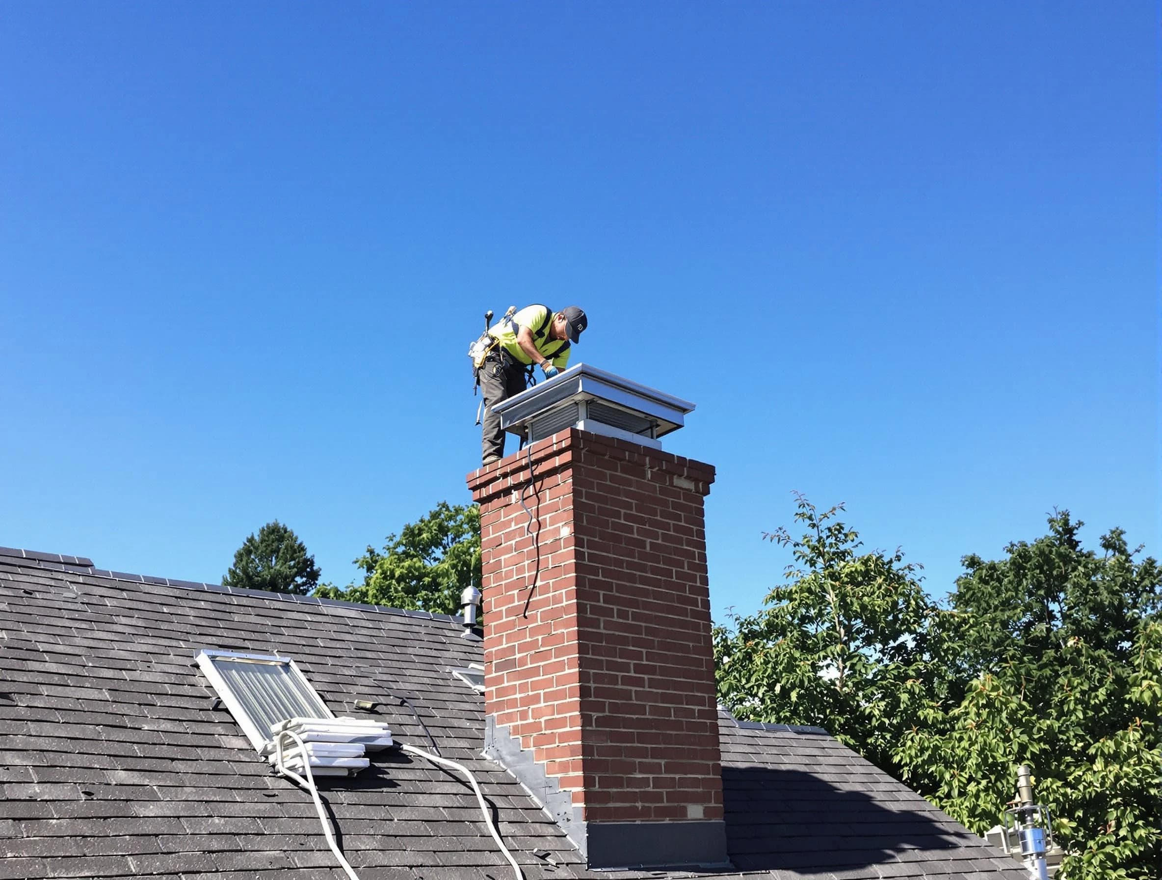 Stockbridge Chimney Sweep technician measuring a chimney cap in Stockbridge, GA